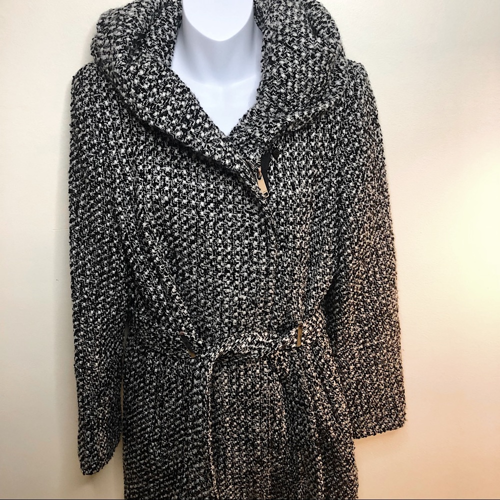 Calvin Klein Wool Marled Mid Length Belted Hooded Black & White Dress Coat